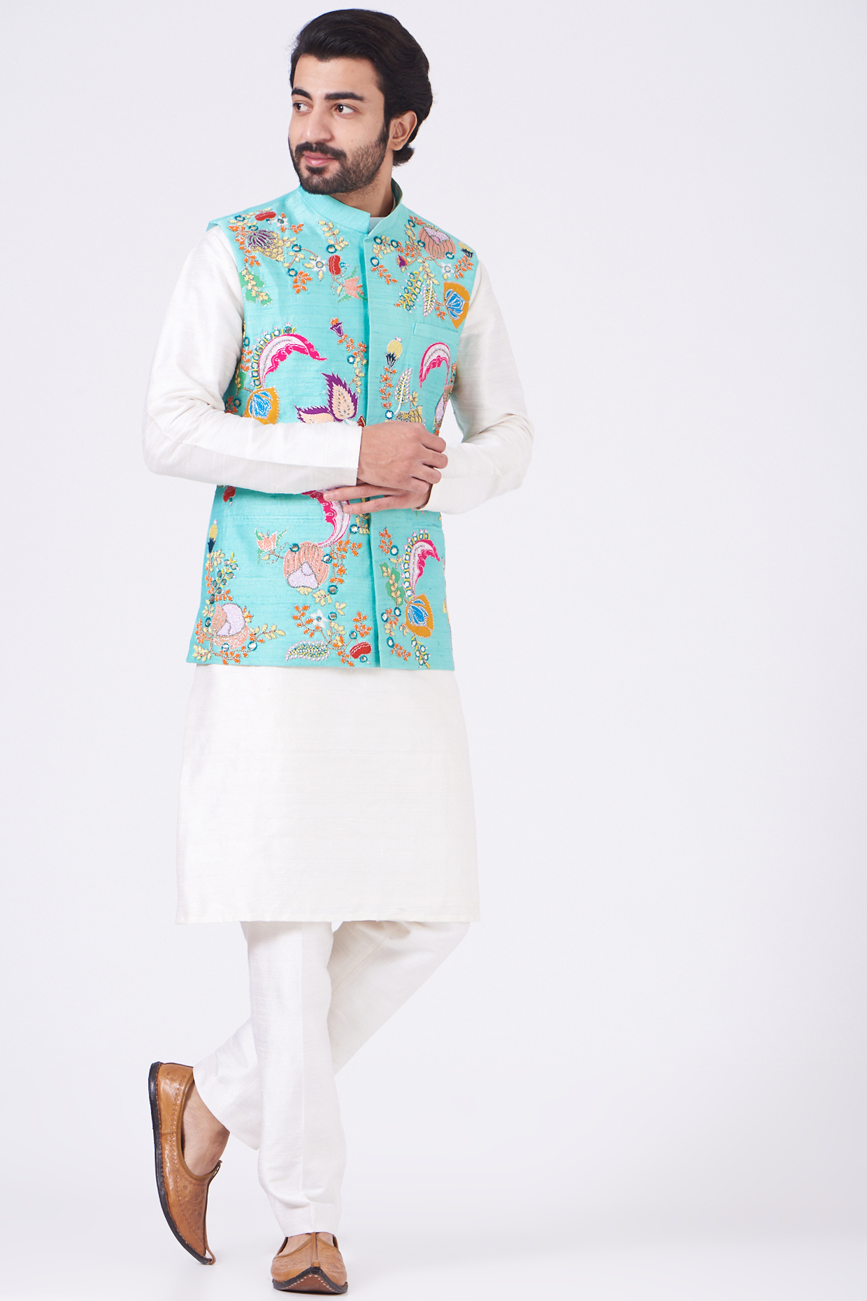 Scuba Blue Raw Silk Embellished Bundi Jacket by Aisha Rao Men