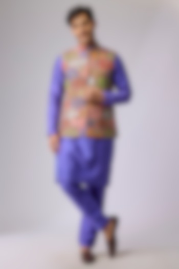 Violet Raw Silk Bundi Jacket Set by Aisha Rao Men