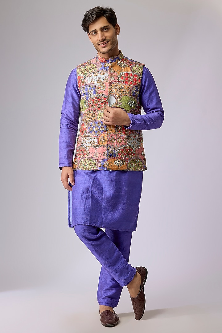 Violet Raw Silk Bundi Jacket Set by Aisha Rao Men