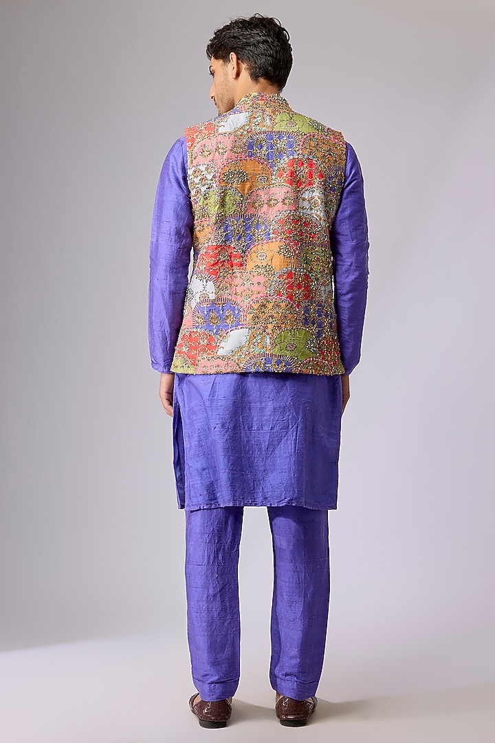 Violet Raw Silk Bundi Jacket Set by Aisha Rao Men at Pernia's Pop Up Shop