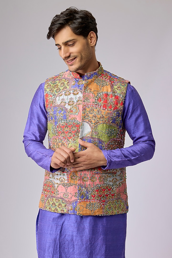 Violet Raw Silk Bundi Jacket Set by Aisha Rao Men at Pernia's Pop Up Shop