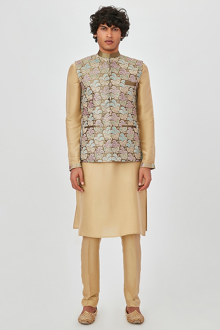 Taupe Embellished Bundi Jacket Set by Aisha Rao Men