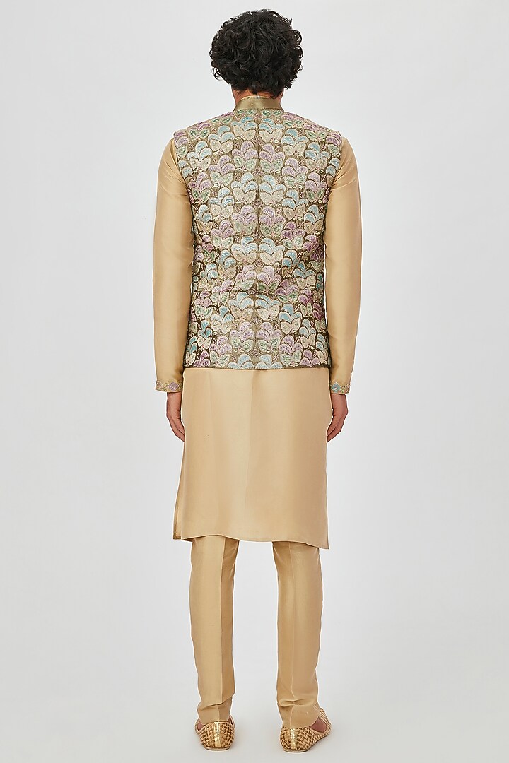 Taupe Embellished Bundi Jacket Set by Aisha Rao Men at Pernia's Pop Up Shop
