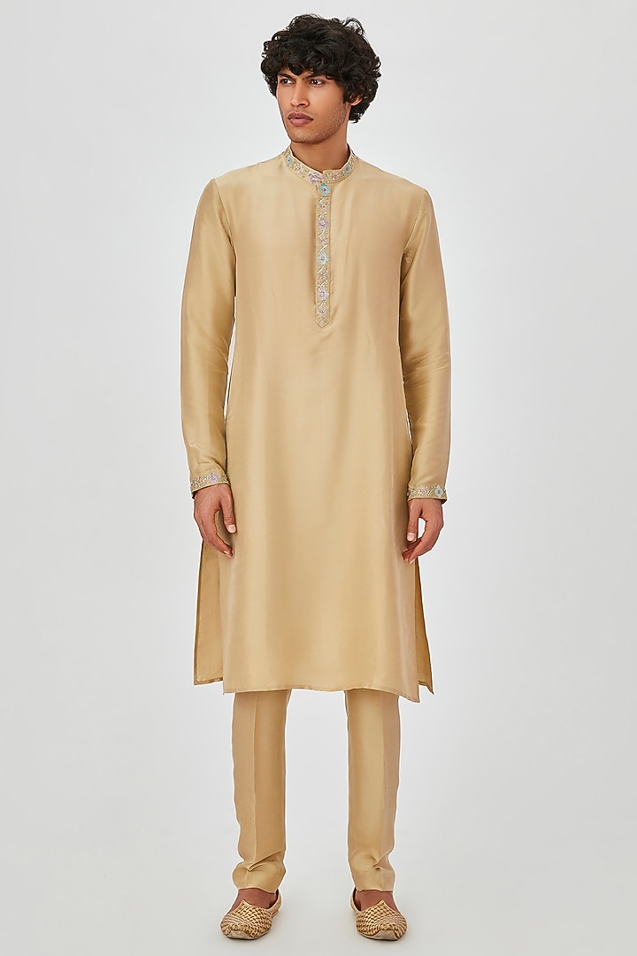 Taupe Embellished Bundi Jacket Set by Aisha Rao Men at Pernia's Pop Up Shop