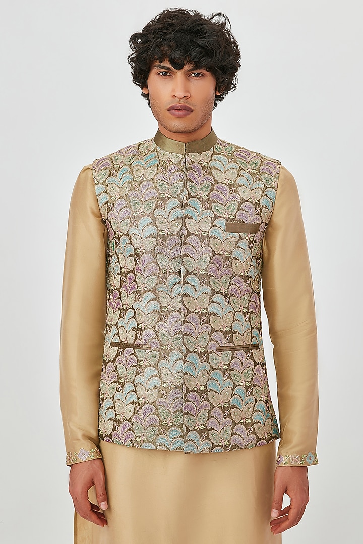 Taupe Embellished Bundi Jacket Set by Aisha Rao Men at Pernia's Pop Up Shop