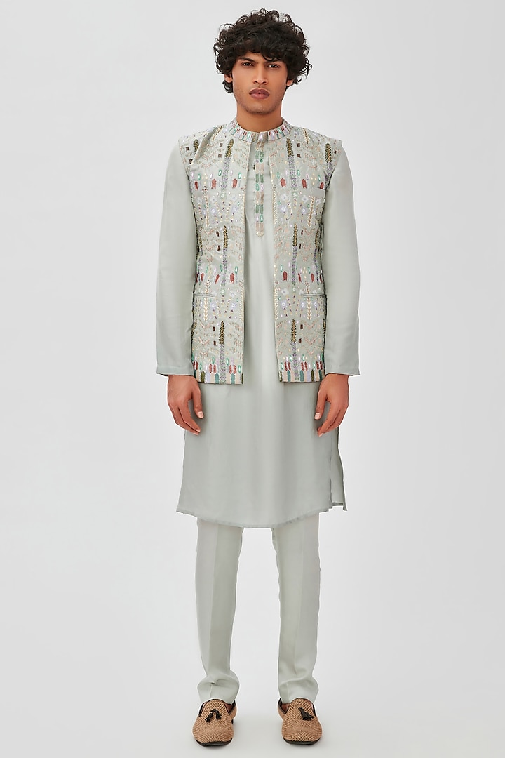 Grey Embellished Bundi Jacket Set by Aisha Rao Men