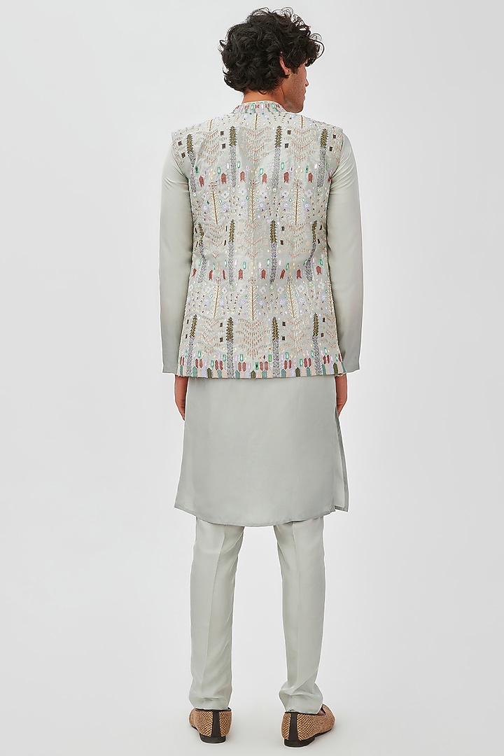 Grey Embellished Bundi Jacket Set by Aisha Rao Men at Pernia's Pop Up Shop