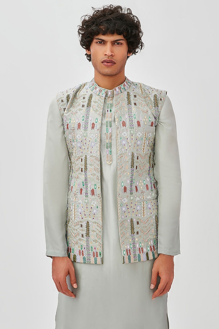 Grey Embellished Bundi Jacket Set by Aisha Rao Men at Pernia's Pop Up Shop