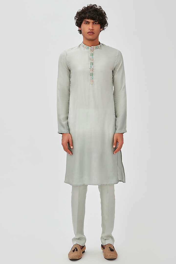 Grey Embellished Bundi Jacket Set by Aisha Rao Men at Pernia's Pop Up Shop