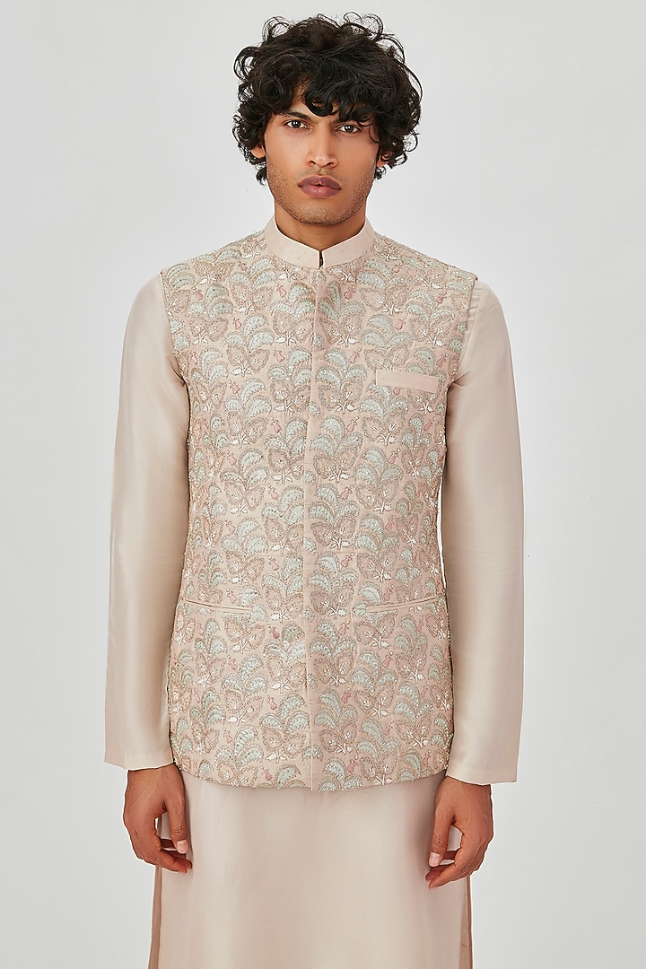Almond Embellished Bundi Jacket Set by Aisha Rao Men at Pernia's Pop Up Shop