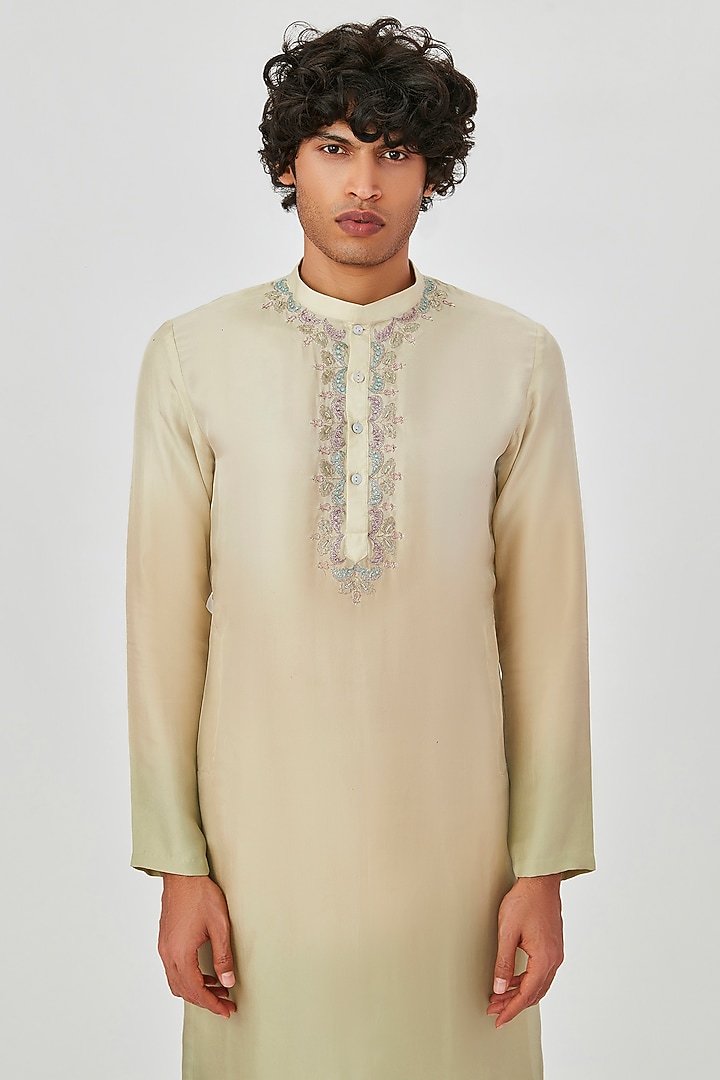 Beige Silk Twill Embroidered Kurta Set by Aisha Rao Men at Pernia's Pop Up Shop