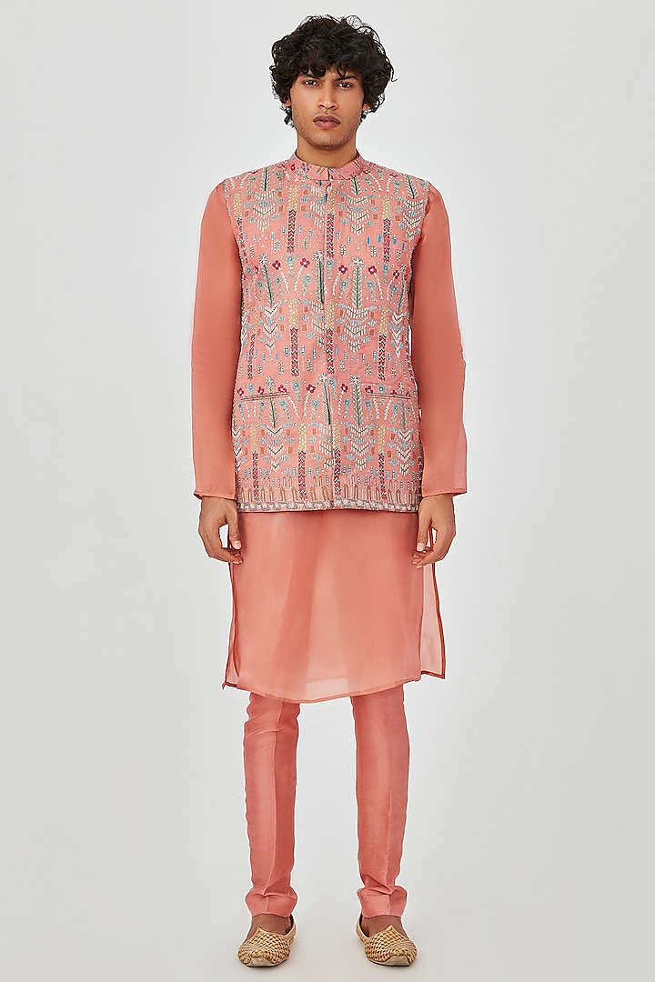 Coral Pink Embellished Bundi Jacket With Kurta Set by Aisha Rao Men