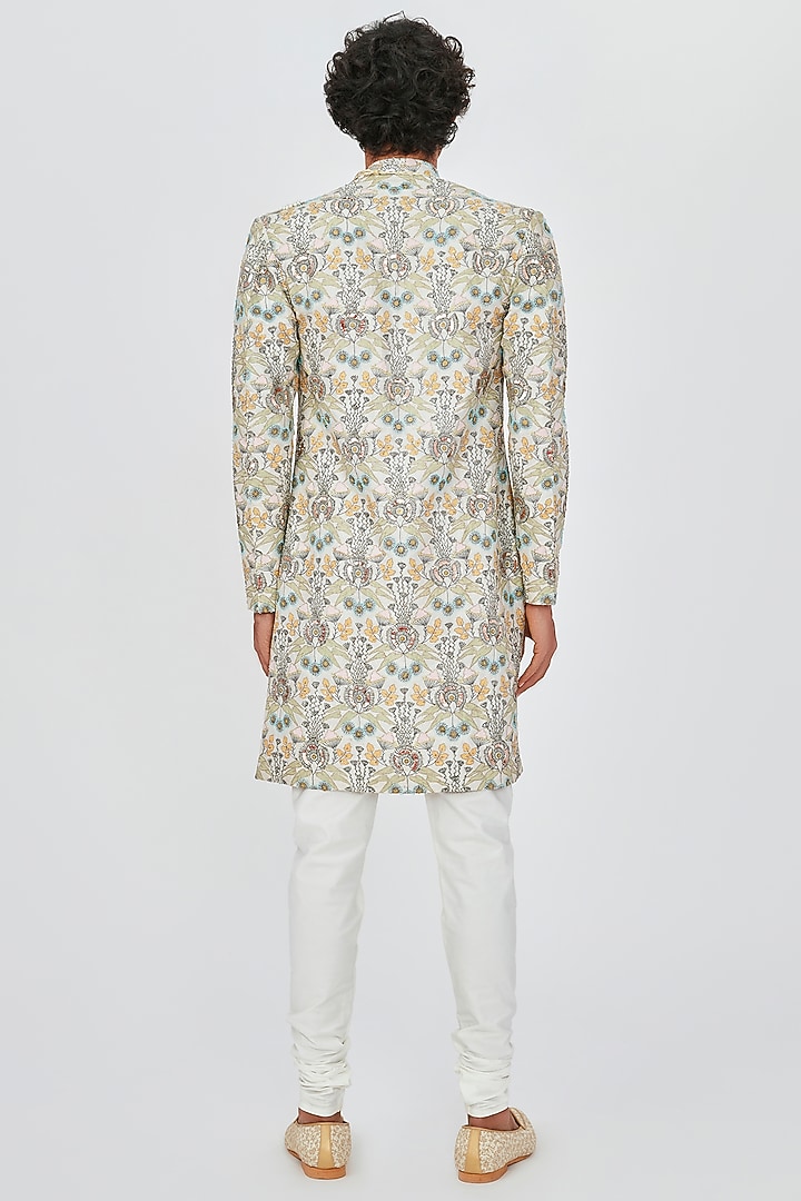 Beige Raw Silk Embroidered Groom Sherwani Set by Aisha Rao Men at Pernia's Pop Up Shop