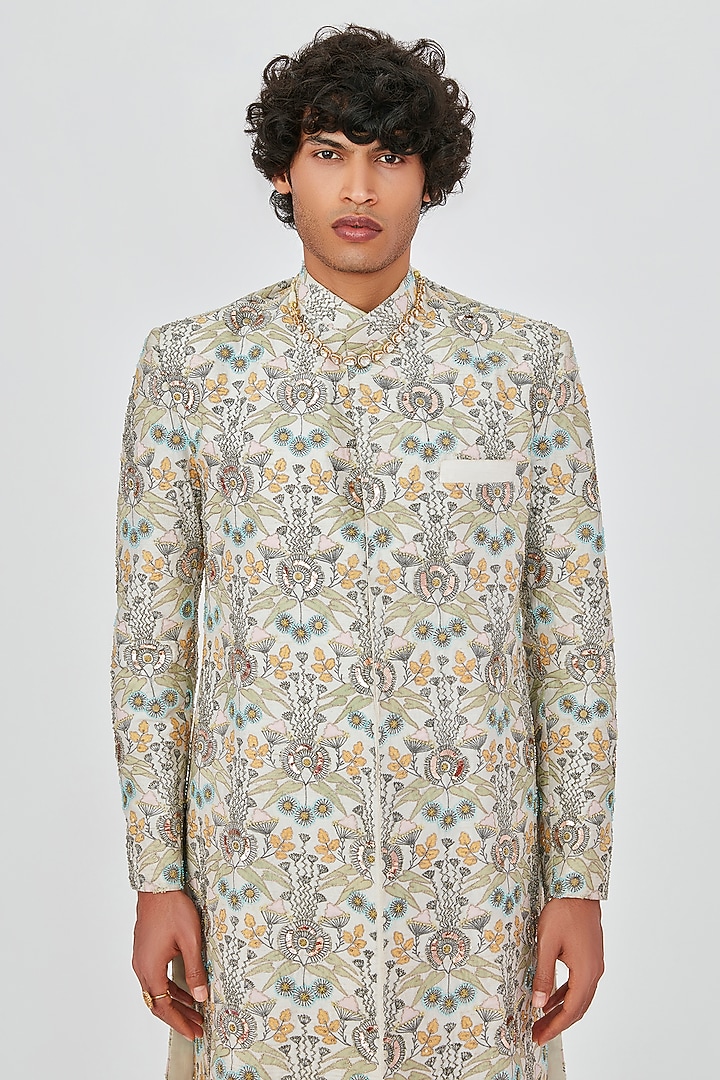 Beige Raw Silk Embroidered Groom Sherwani Set by Aisha Rao Men at Pernia's Pop Up Shop