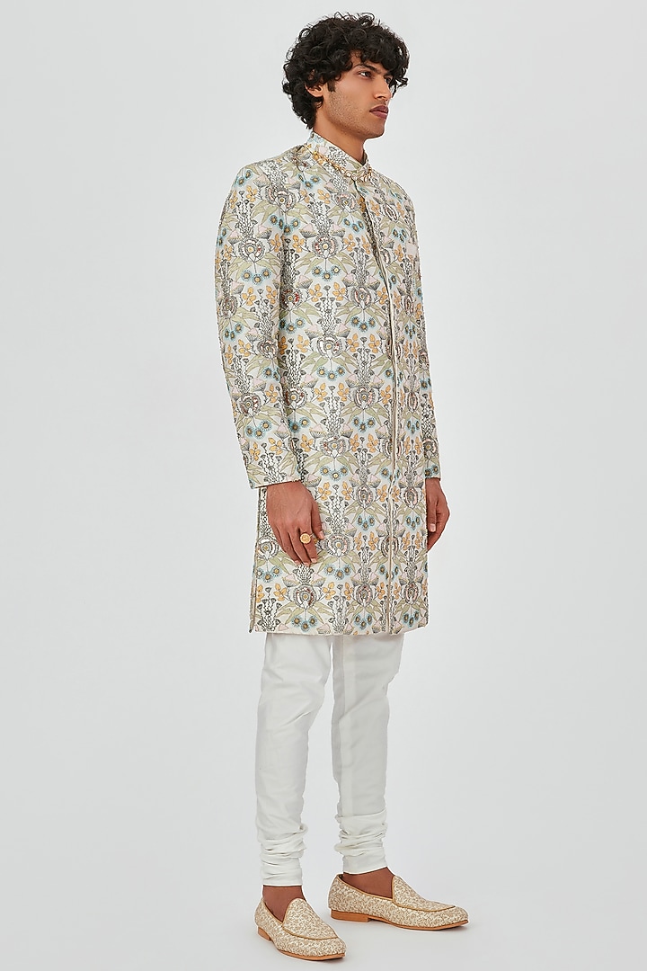 Beige Raw Silk Embroidered Groom Sherwani Set by Aisha Rao Men at Pernia's Pop Up Shop