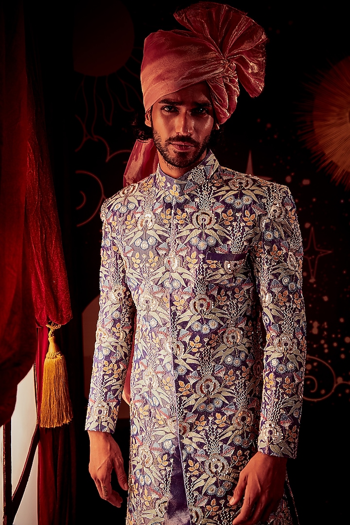 Violet Mukaish Embellished Groom Sherwani Set by Aisha Rao Men at Pernia's Pop Up Shop