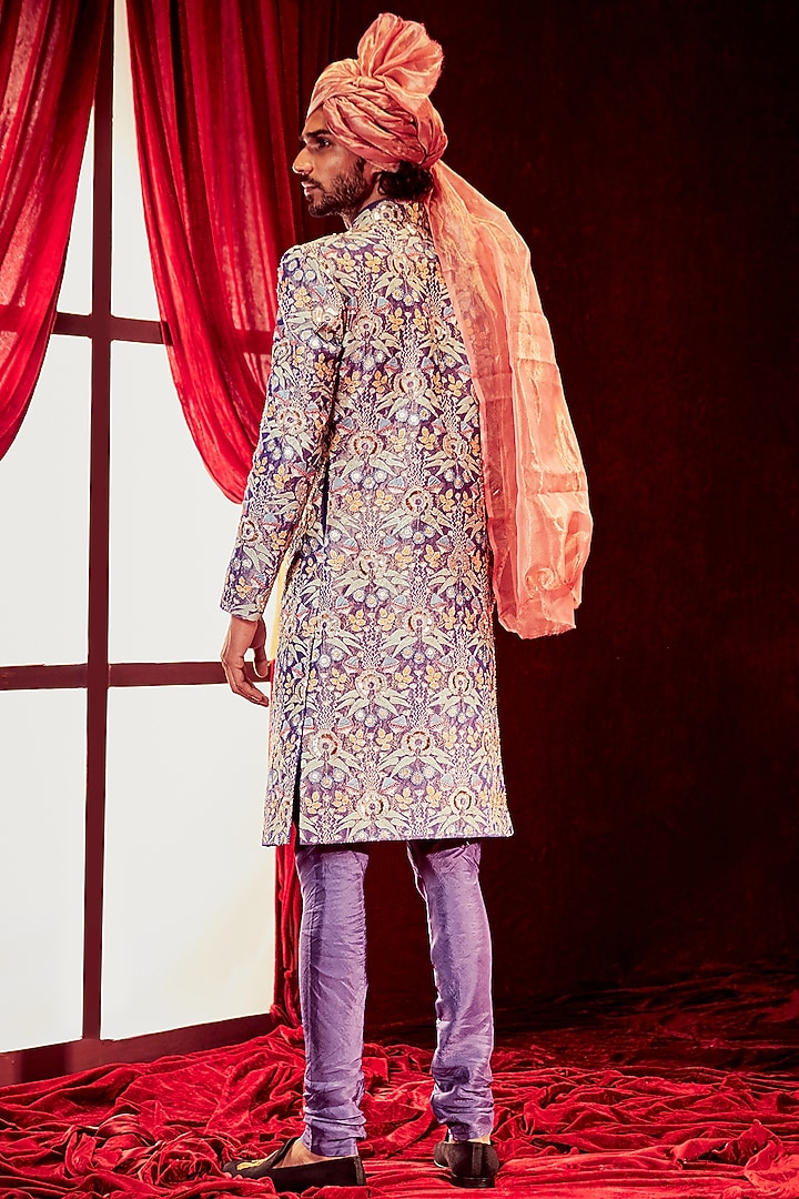 Violet Mukaish Embellished Groom Sherwani Set by Aisha Rao Men at Pernia's Pop Up Shop
