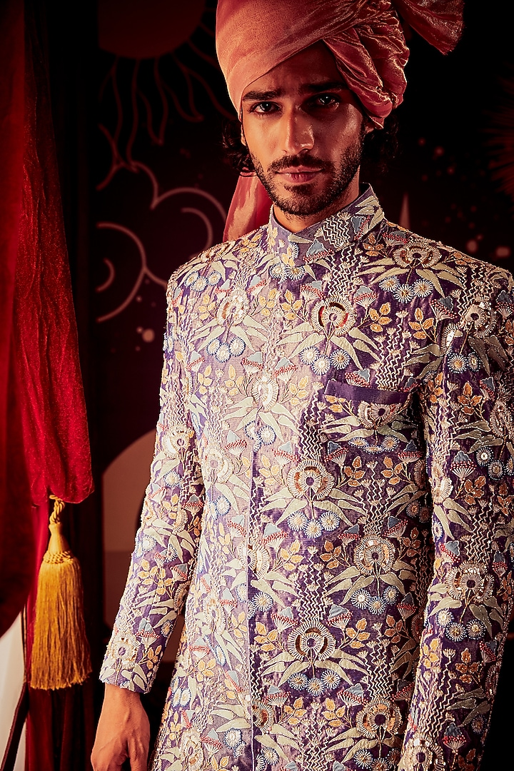 Violet Mukaish Embellished Groom Sherwani Set by Aisha Rao Men at Pernia's Pop Up Shop