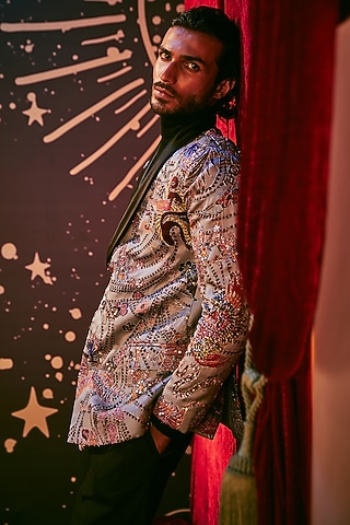Light Blue Embellished Blazer by Aisha Rao Men