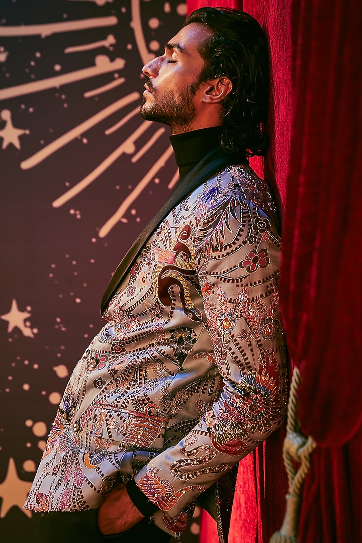 Light Blue Embellished Blazer by Aisha Rao Men at Pernia's Pop Up Shop
