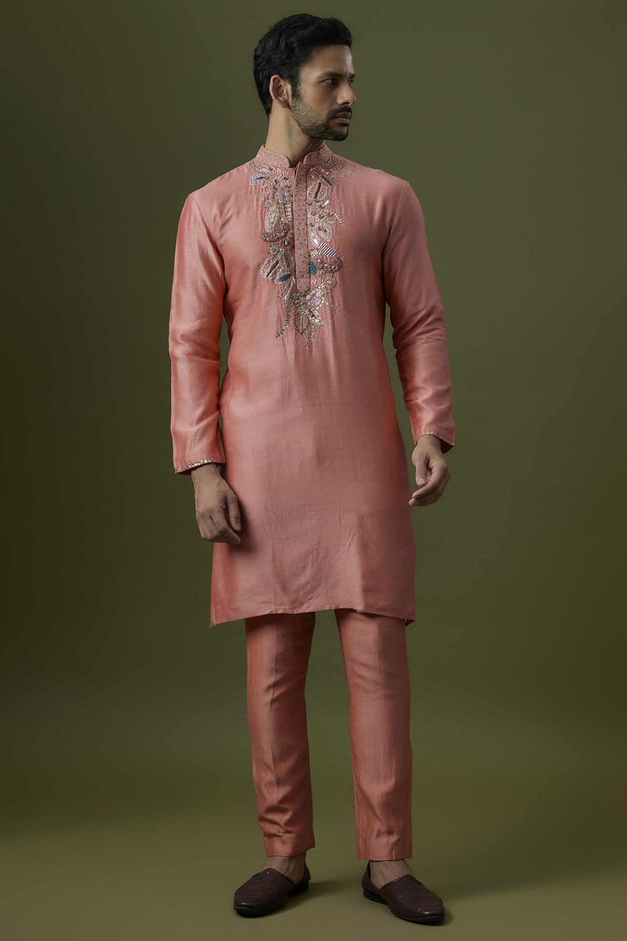 Old Rose Chanderi Silk Applique Embellished Kurta Set by Aisha Rao Men