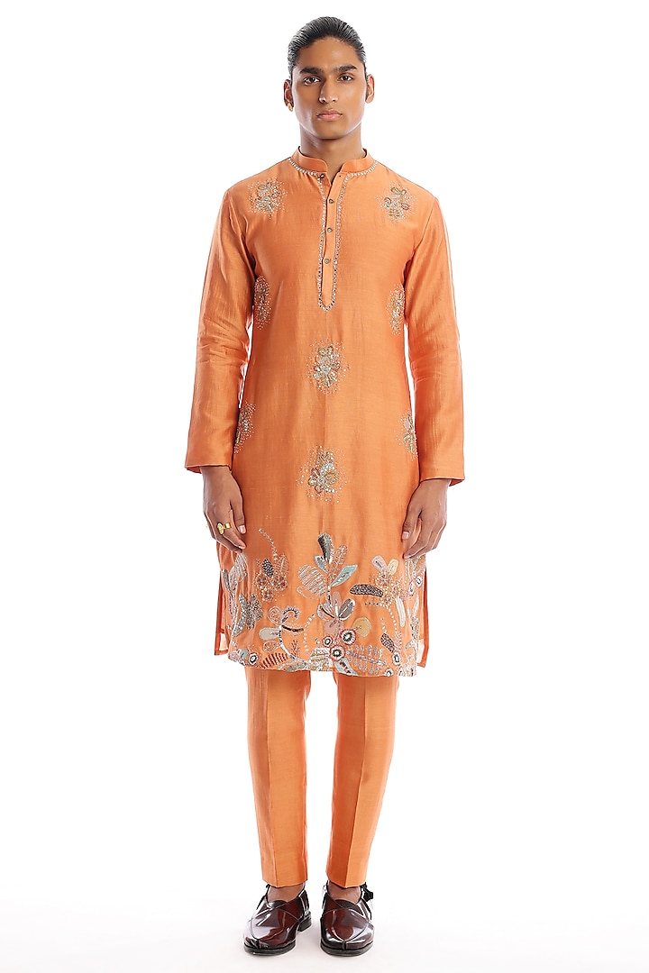Persian Orange Chanderi Silk Applique Embellished Kurta Set by Aisha Rao Men