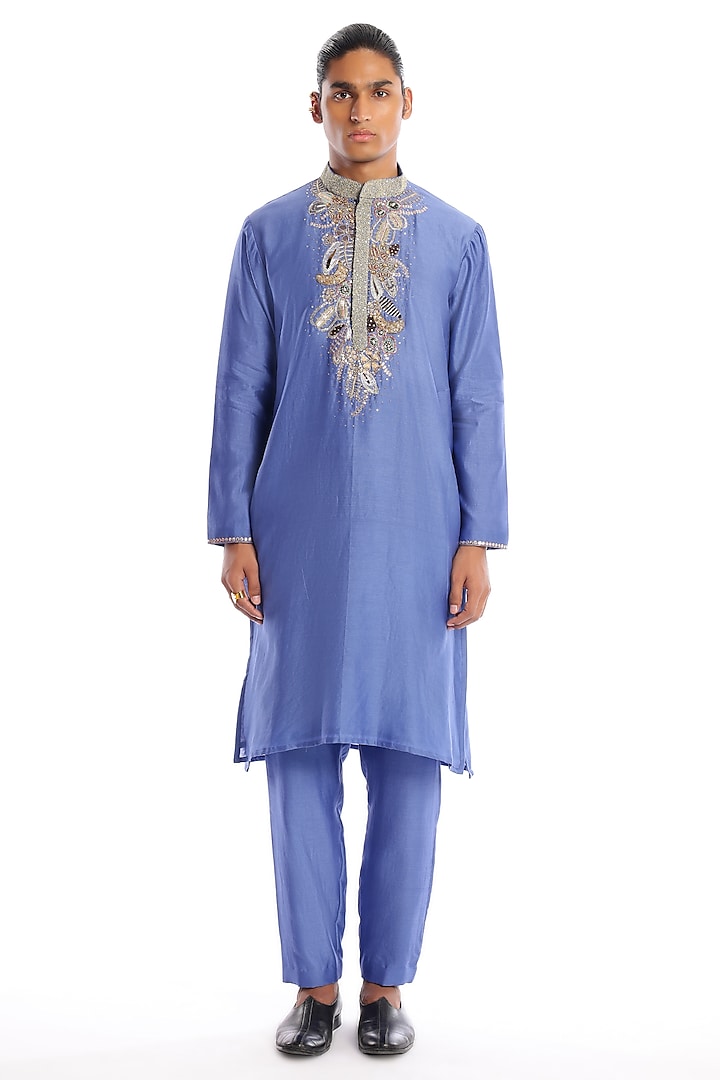 Glaucous Blue Chanderi Silk Applique Embellished Kurta Set by Aisha Rao Men