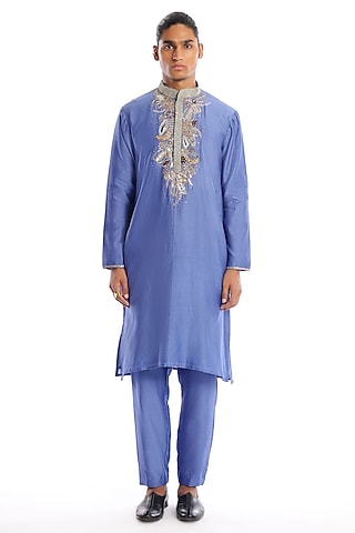 Glaucous Blue Chanderi Silk Applique Embellished Kurta Set by Aisha Rao Men