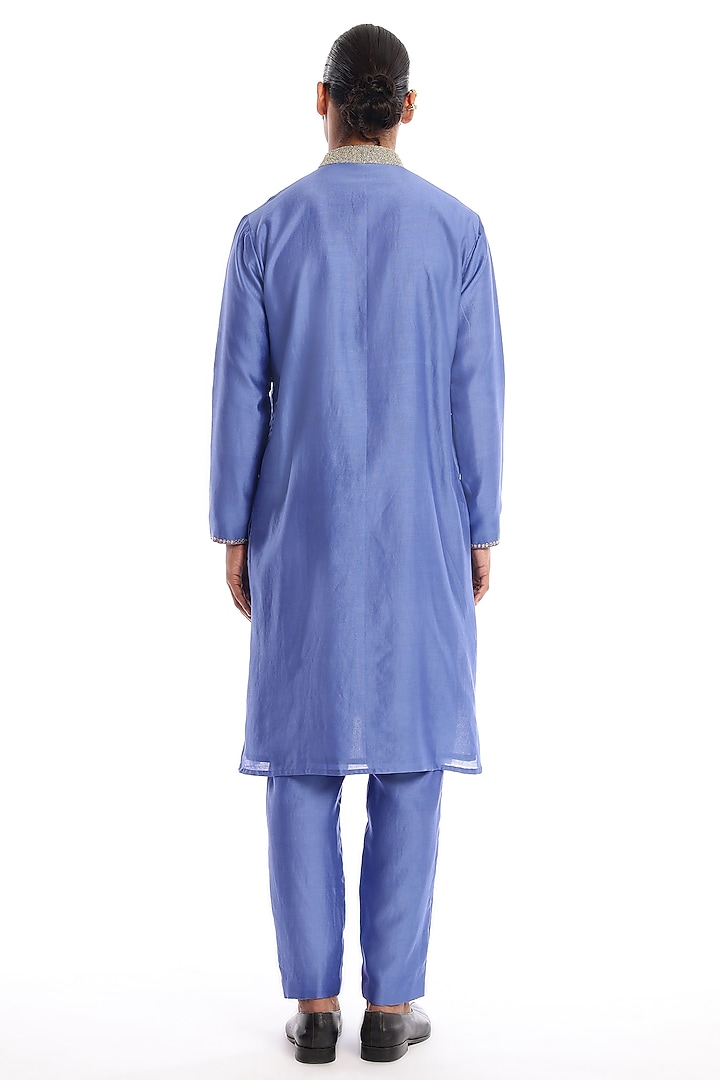 Glaucous Blue Chanderi Silk Applique Embellished Kurta Set by Aisha Rao Men at Pernia's Pop Up Shop