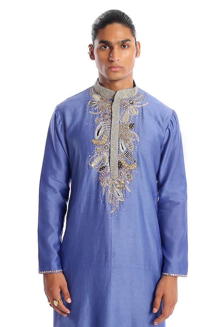 Glaucous Blue Chanderi Silk Applique Embellished Kurta Set by Aisha Rao Men at Pernia's Pop Up Shop
