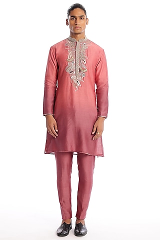 Old Rose & Mauve Ombre Chanderi Silk Applique Embellished Kurta Set by Aisha Rao Men