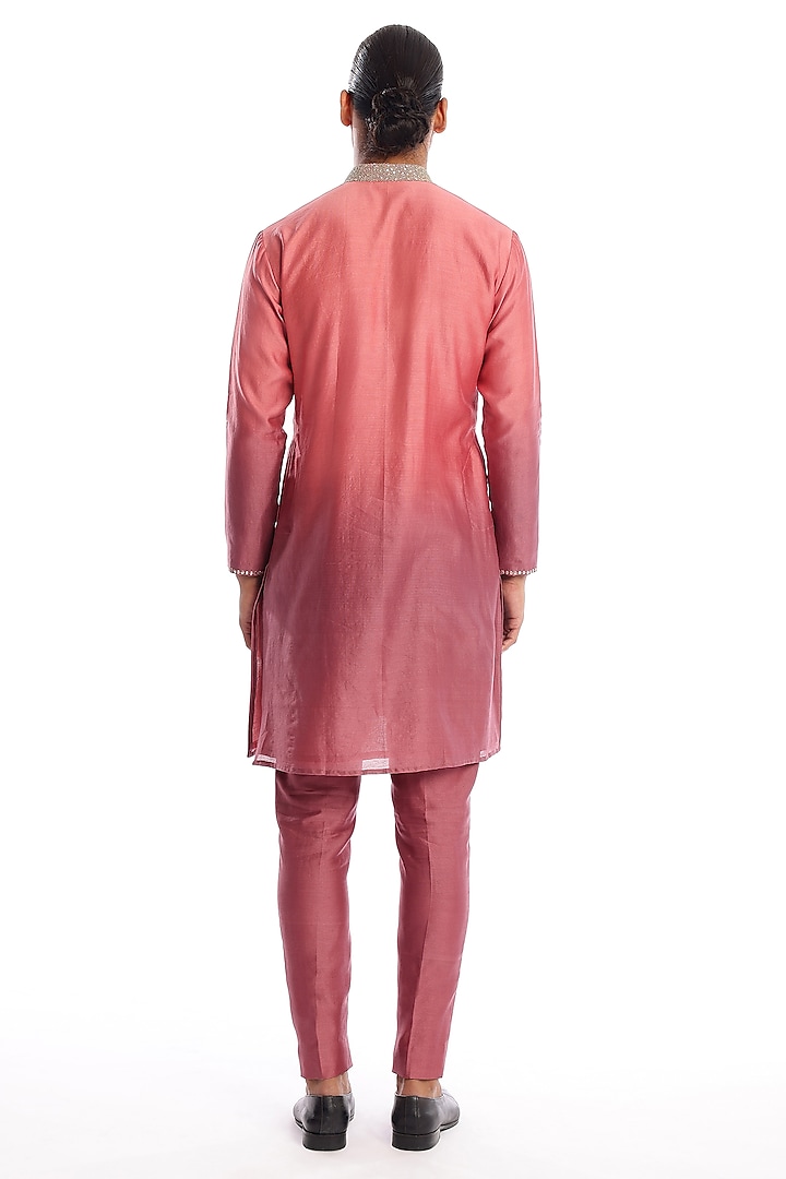 Old Rose & Mauve Ombre Chanderi Silk Applique Embellished Kurta Set by Aisha Rao Men at Pernia's Pop Up Shop