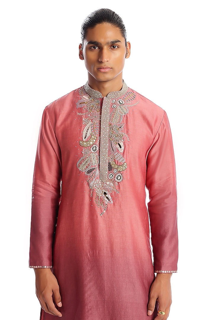 Old Rose & Mauve Ombre Chanderi Silk Applique Embellished Kurta Set by Aisha Rao Men at Pernia's Pop Up Shop