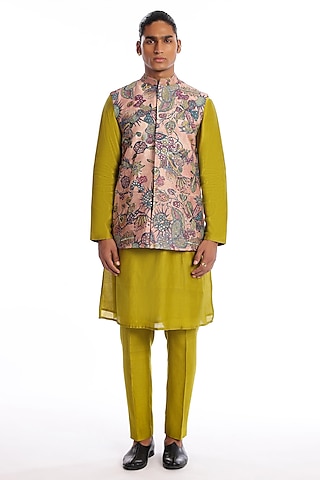 Men's Onion Pink Solid Kurta Pant With Mirror Over Coat Combo Set -  Absolutely Desi