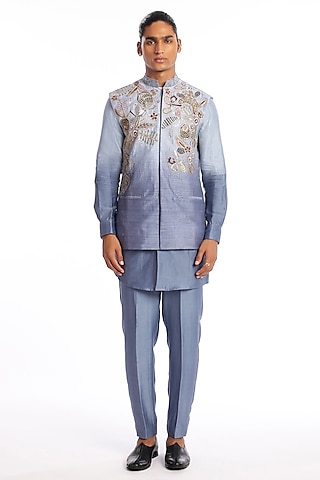 Pewter Blue Raw Silk Embellished Kurta Set by Aisha Rao Men