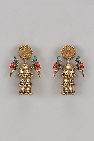 Gold Finish Multi-Colored Synthetic Stone Temple Layered Temple Jhumka Danglers Earrings by Aitihya
