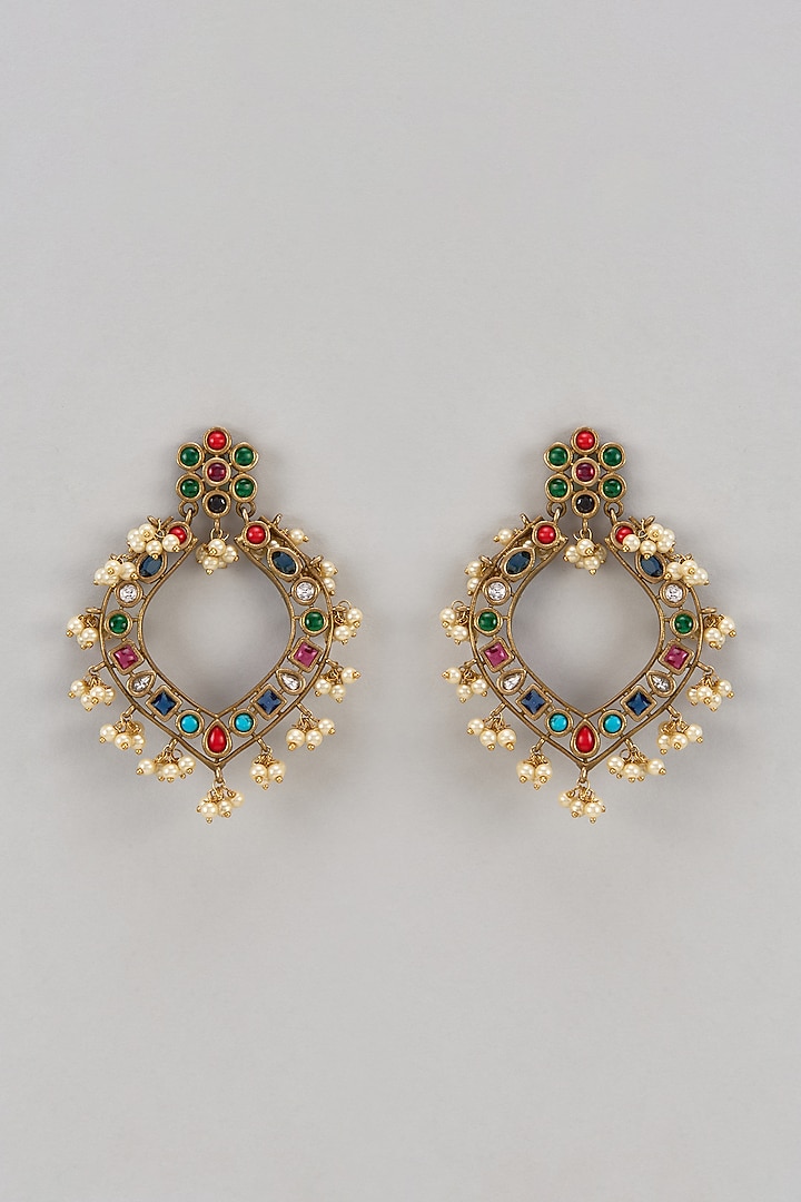 Gold Finish Multi-Colored Synthetic Stone Chandbali Earrings by Aitihya at Pernia's Pop Up Shop