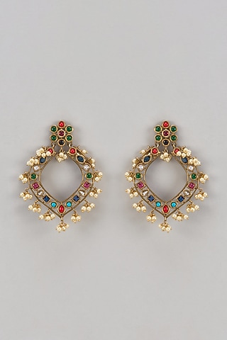 Gold Finish Multi-Colored Synthetic Stone Chandbali Earrings by Aitihya