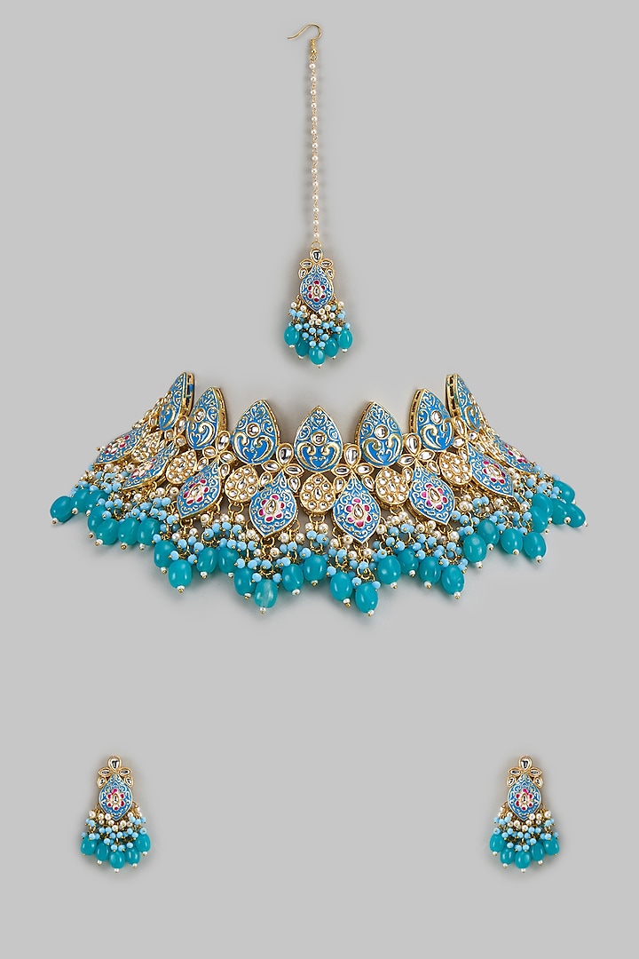 Gold Finish Kundan Polki & Blue Stone Choker Necklace Set by Aitihya