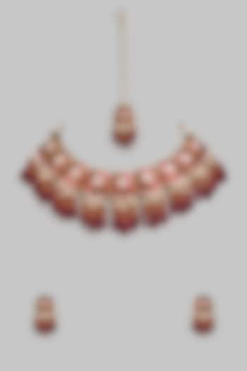 Gold Finish Kundan Polki & Red Stone Choker Necklace Set by Aitihya