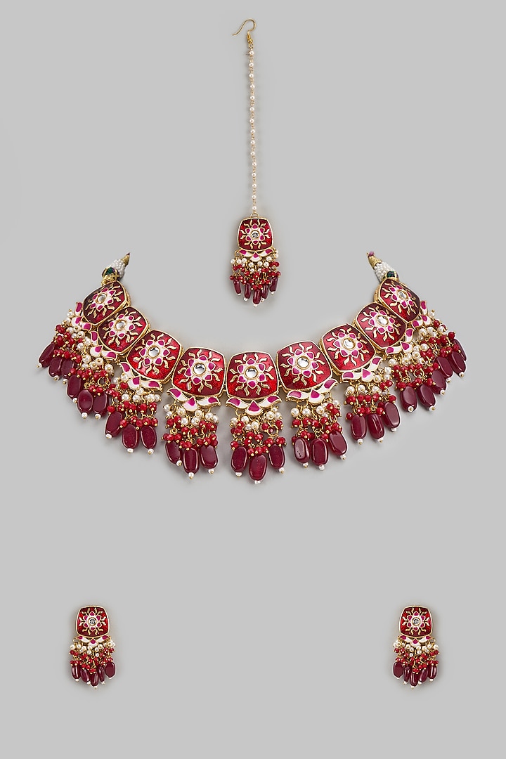Gold Finish Kundan Polki & Red Stone Choker Necklace Set by Aitihya