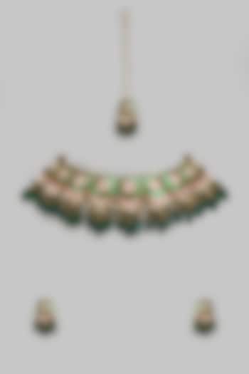 Gold Kundan Polki & Green Stone Meenakari Choker Necklace Set by Aitihya