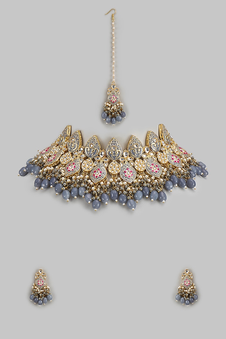 Gold Kundan Polki & Grey Stone Choker Necklace Set by Aitihya