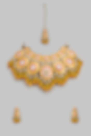 Gold Kundan Polki & Yellow Stone Choker Necklace Set by Aitihya