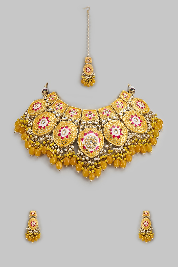 Gold Kundan Polki & Yellow Stone Choker Necklace Set by Aitihya