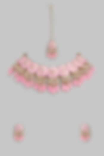 Gold Kundan Polki & Pink Stone Choker Necklace Set by Aitihya