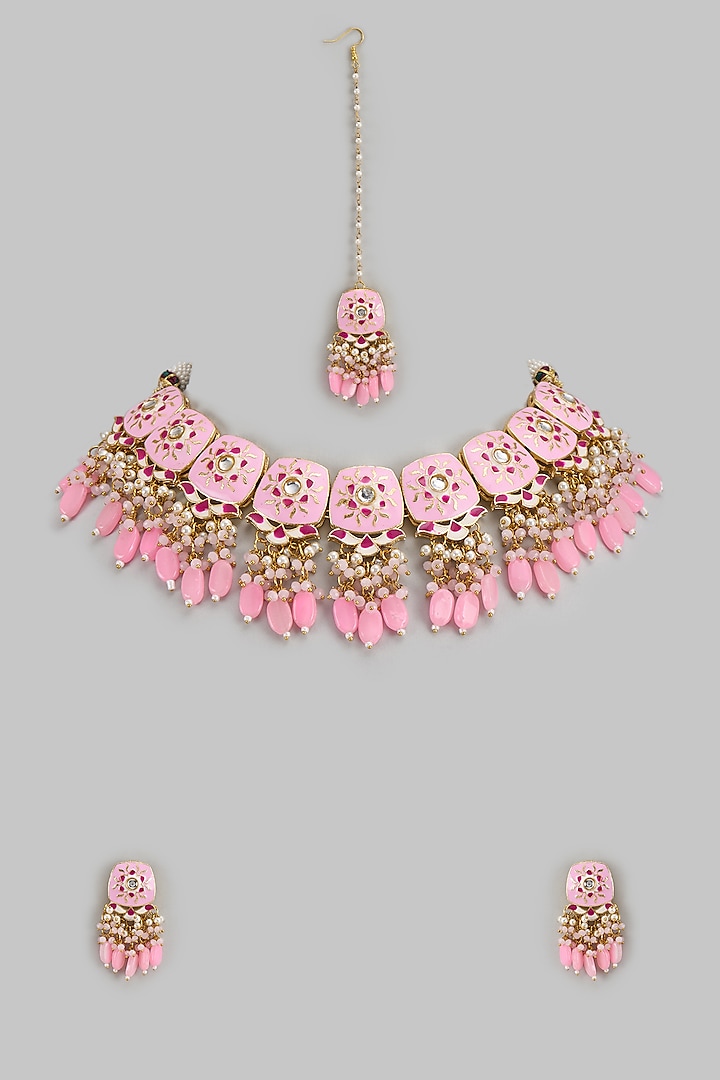 Gold Kundan Polki & Pink Stone Choker Necklace Set by Aitihya