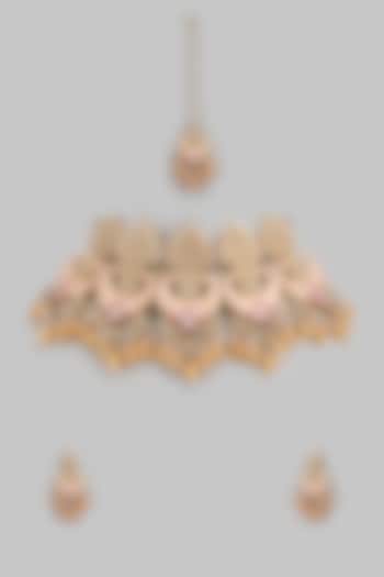Gold Kundan Polki & Peach Stone Choker Necklace Set by Aitihya