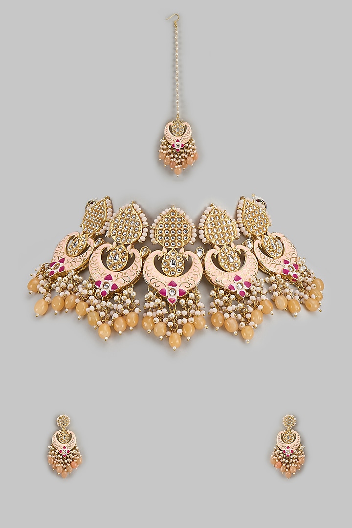 Gold Kundan Polki & Peach Stone Choker Necklace Set by Aitihya