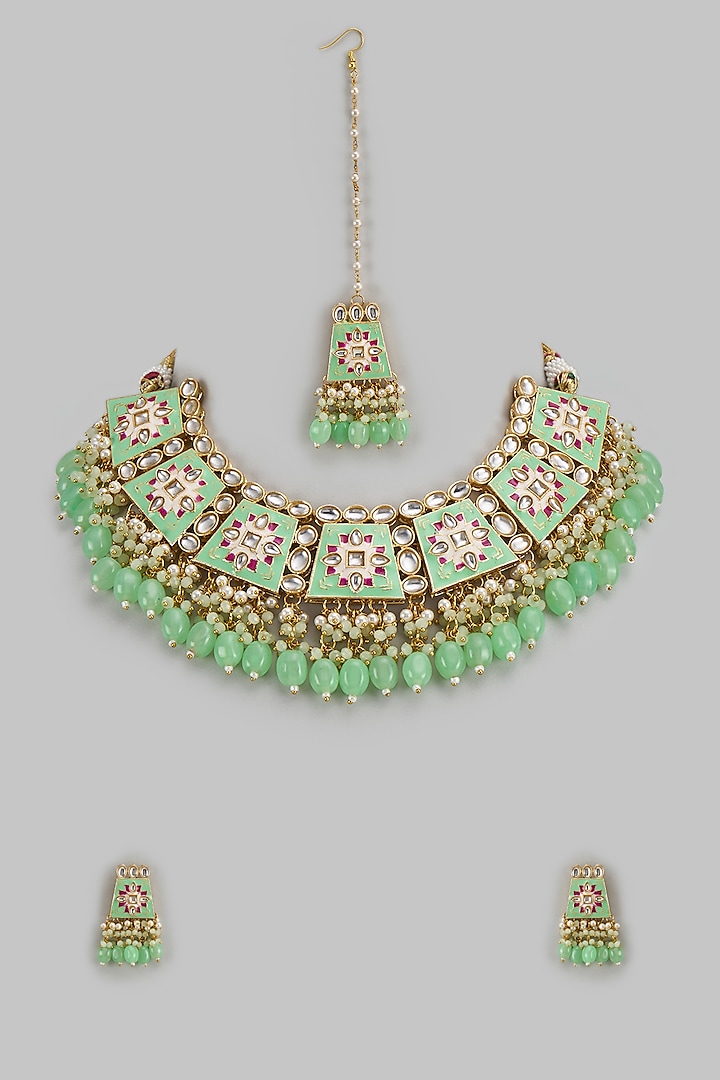 Gold Kundan Polki & Aqua Stone Choker Necklace Set by Aitihya